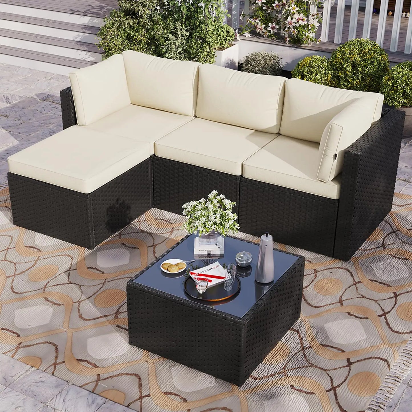 Aoxun Outdoor Patio Furniture Set, 5-Pieces All-Weather Rattan Sectional Sofa Conversation Set with Glass Coffee Table