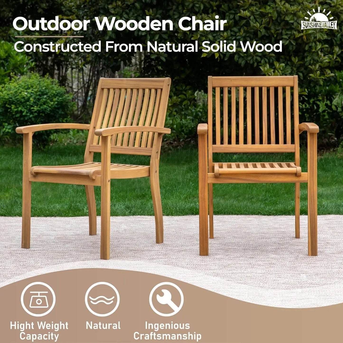 Wood Patio Dining Chairs Set of 2, 2 Pieces Outdoor Acacia Wooden Dining Chairs with Armrest & High Back for Porch,, Customized