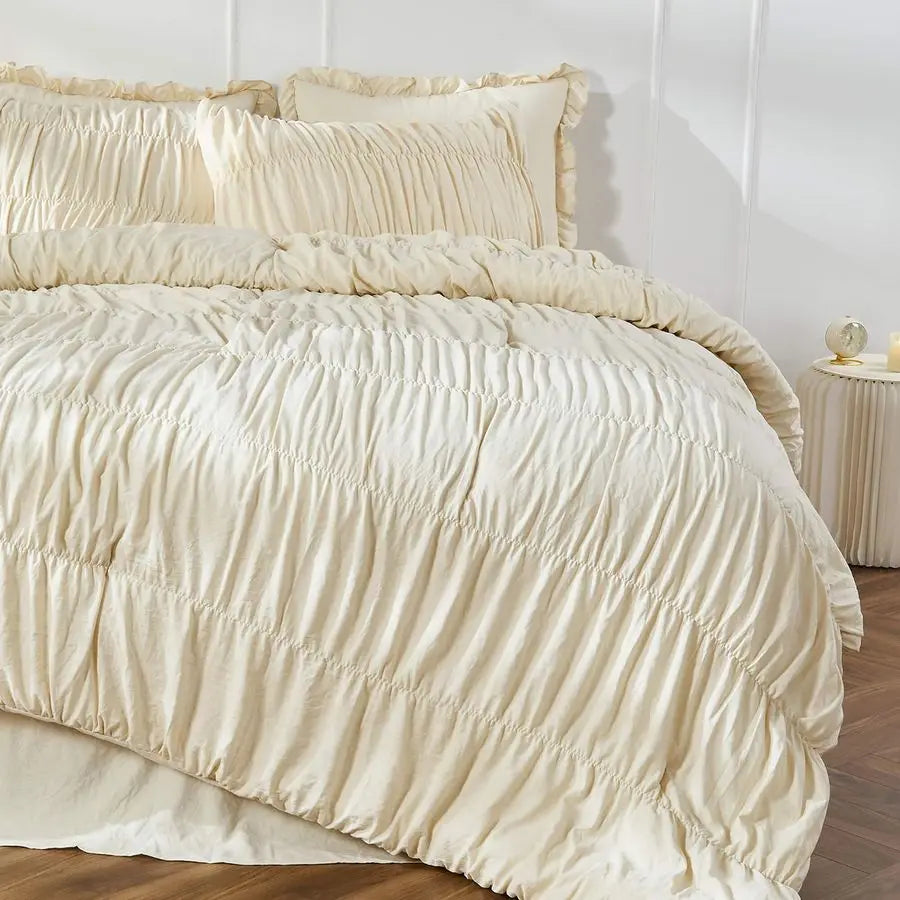 Queen Comforter Set Ruched Comforter Queen Size Bed Set Boho Shabby Chic Bedding for Bedroom Comforter Fluffy 3 Piece Ruffle Com