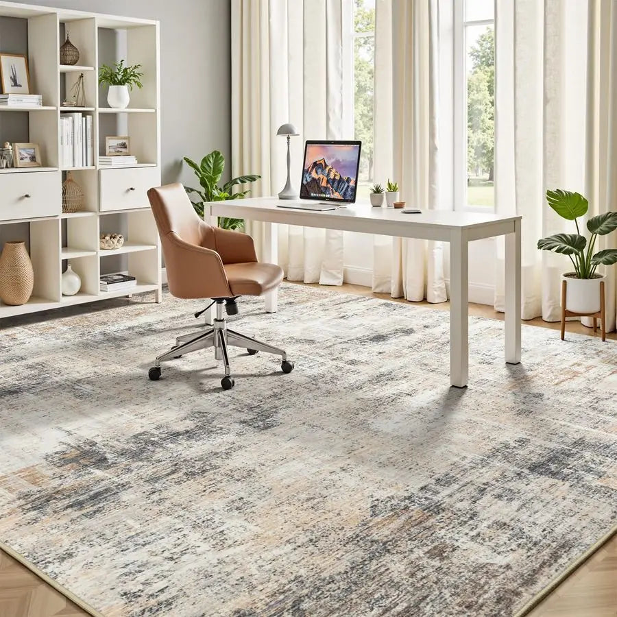 8x10 Area Rug for Living Room, Gold Abstract Large Rugs with NonSlip Backing, Neutral Modern Washable Carpet for Bedroom Dining