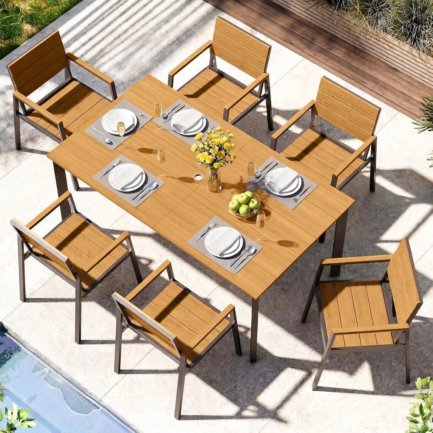 Outdoor Dining Set for 6, Aluminum Patio HDPS Outdooor Table and Chairs Set with Umbrella Hole, All Weather Patio, Custom