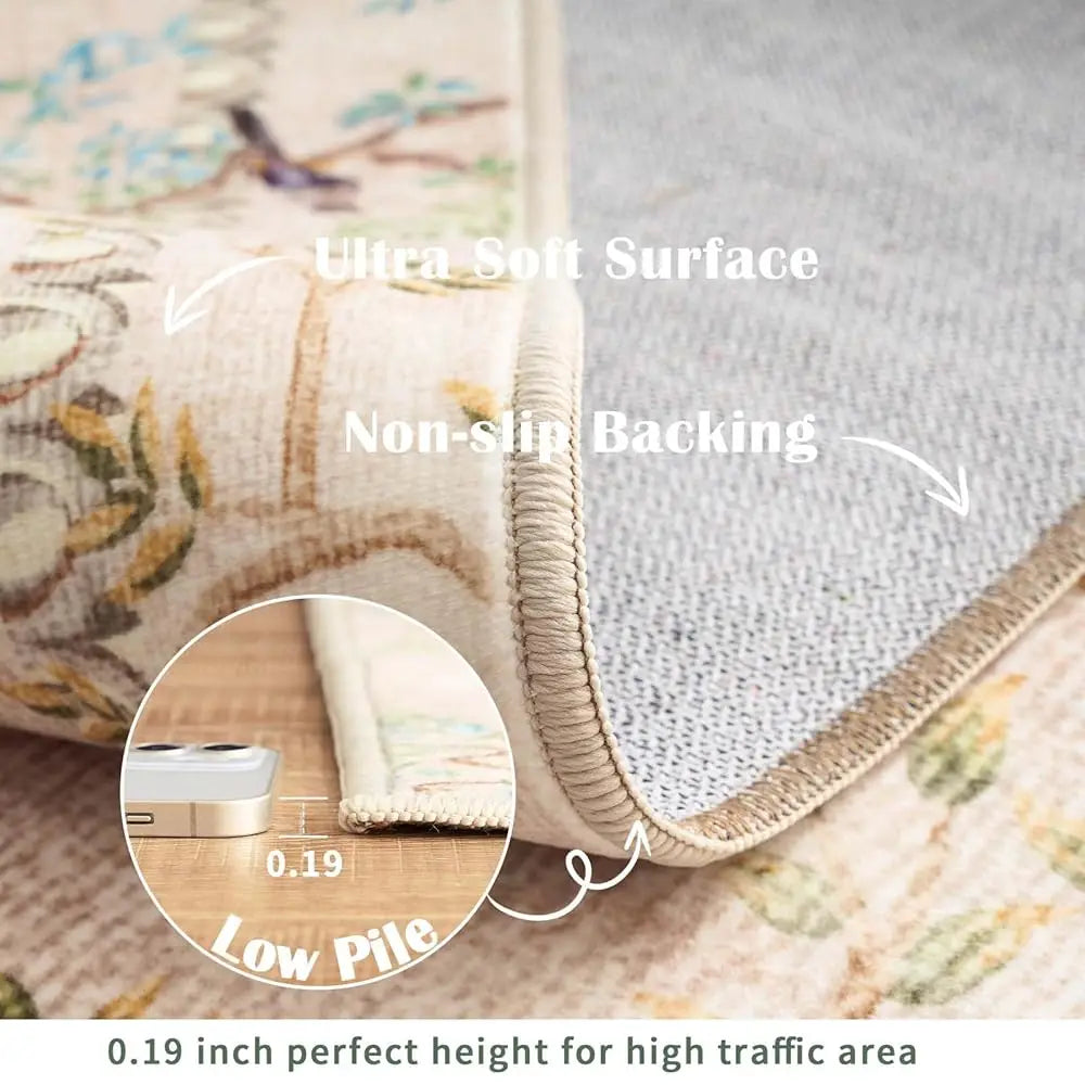 Round Rugs 6Ft Beige Botanical Birds Print,Machine Washable 6' Circle Nature Plants Modern Soft Non-Slip Kids Throw Area