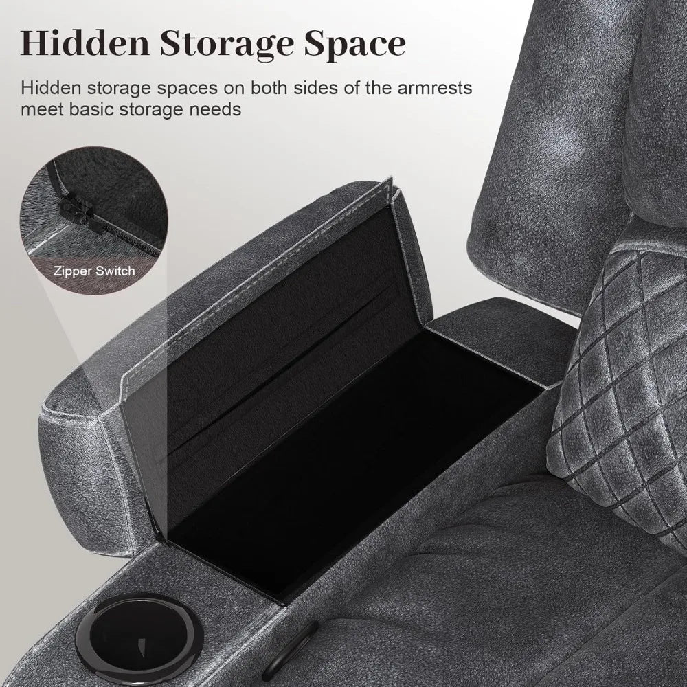 Oversize Manual Recliner Chair with 2-Tier Cushions, Hidden Storage & Cup Holders - Grey Velvet Living Room Furniture