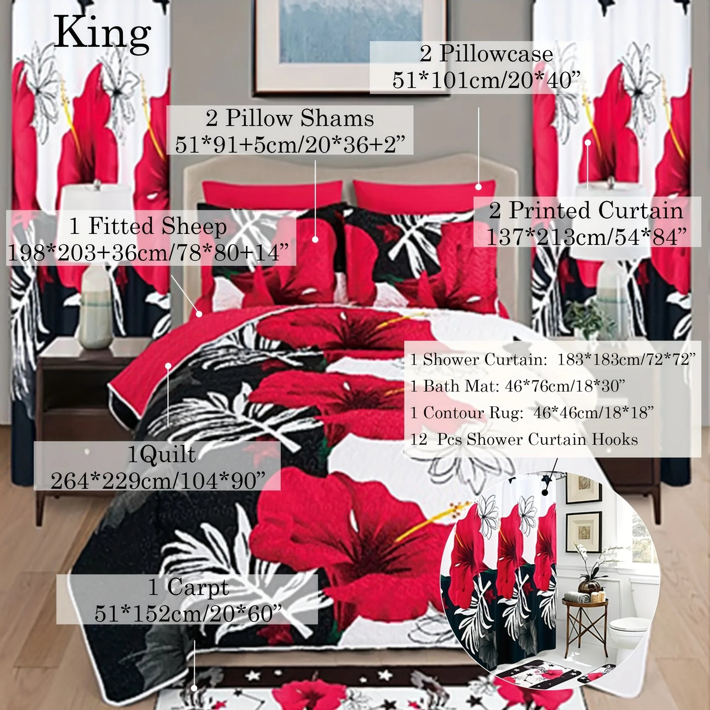 24pcs Bedspread Set 9pcs Quilt Set with 15pcs Shower Curtain Set Exquisite Pattern Modern Style Skin-friendly & Comfortable All