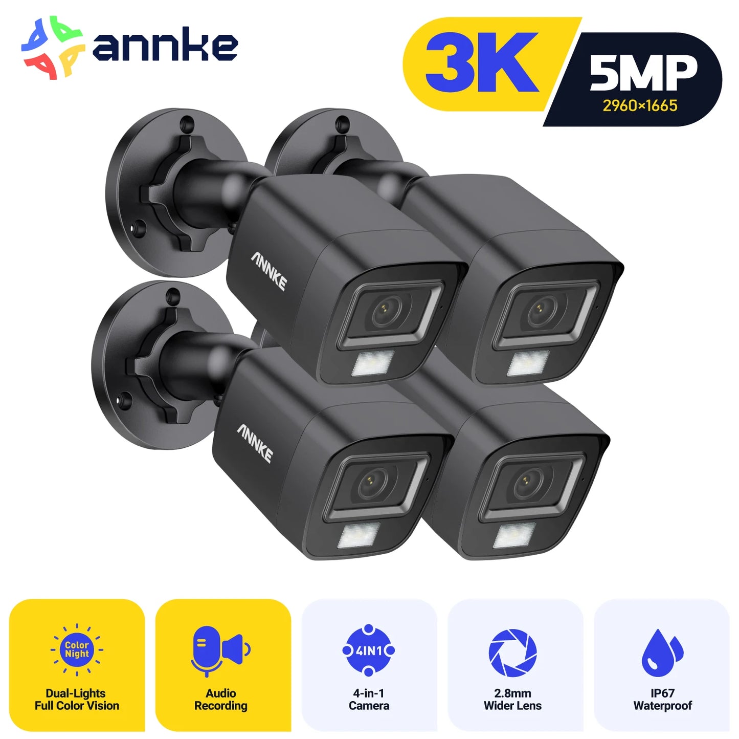 ANNKE 4Pcs 5MP CCTV Cameras Video Surveillance Outdoor Dome Camera IP67 Waterproof IR Cut Filter Camera Kit