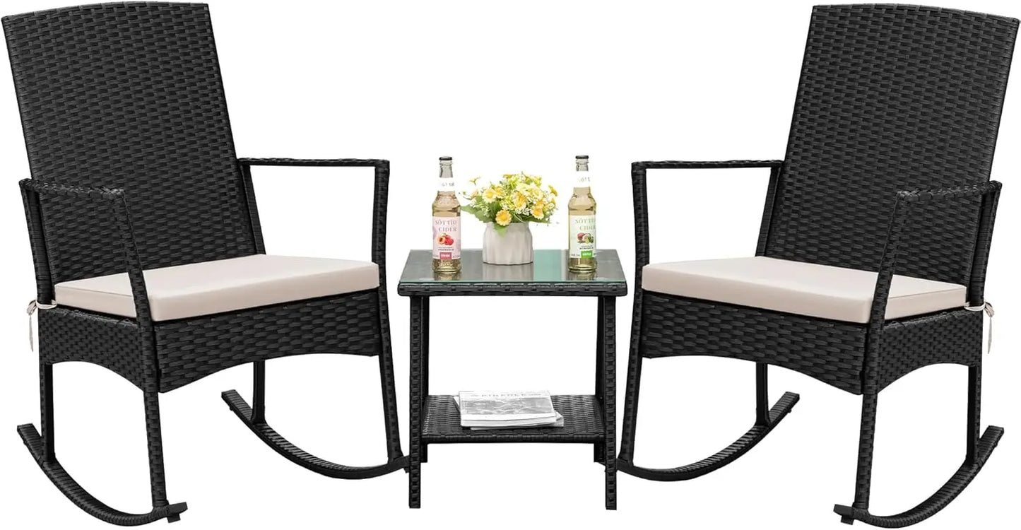 Flamaker Rocking Chair Outdoor PE Rattan Patio Chairs Glass Table High Back Porch Rocker for Balcony Garden Backyard (Beige)