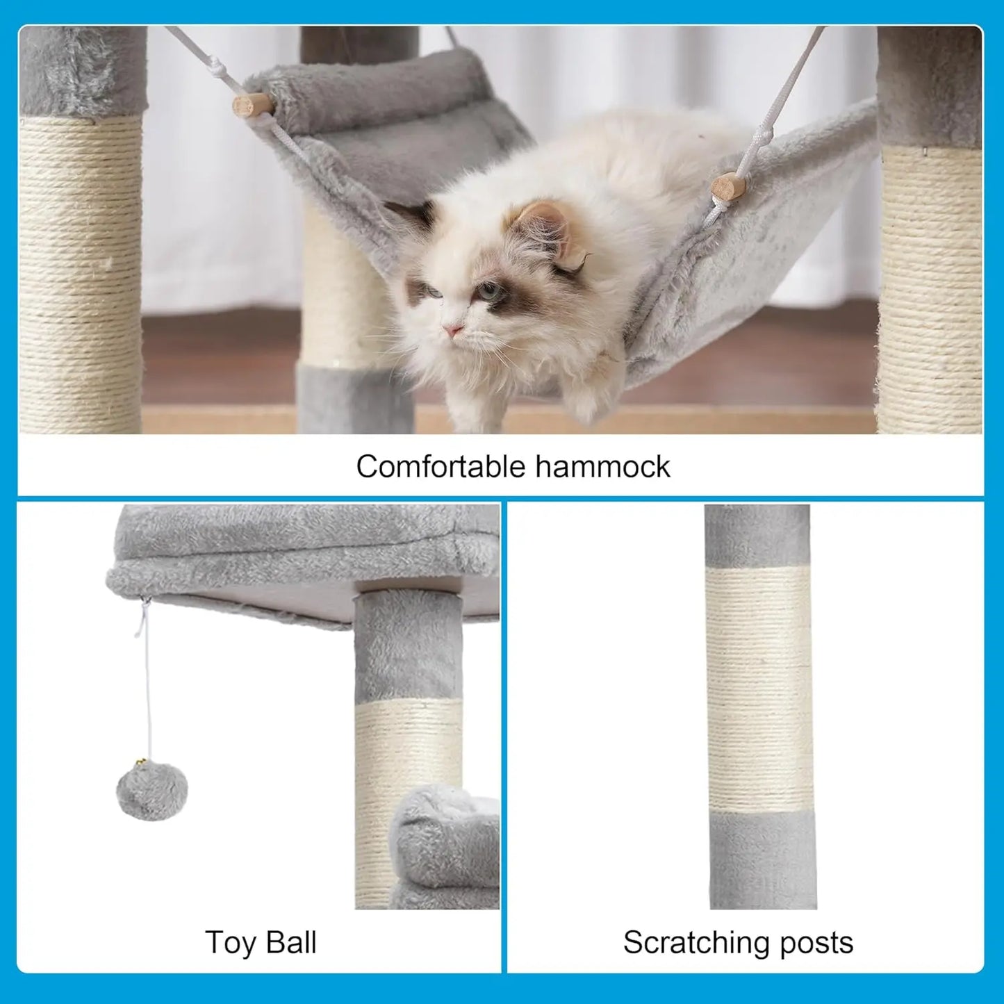 Large Multi-Level Cat Tree with Sisal Posts, 2 Plush Condos, Perch & Hammock for Cats - Light Gray