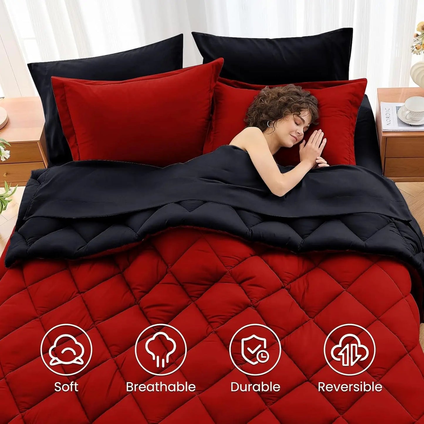 7 Pieces California King Comforter Set Reversible Bed in a Bag All Season Bedding with Sheets Pillowcases & Shams Red Black