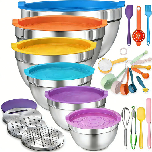 17-Piece Stainless Steel Mixing Bowl Set with Lids, Grater, Measuring Tools, Whisk, Non-Slip & Nestable for Baking, Cooking