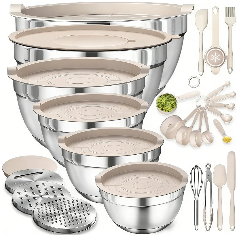 17-Piece Stainless Steel Mixing Bowl Set with Lids, Grater, Measuring Tools, Whisk, Non-Slip & Nestable for Baking, Cooking