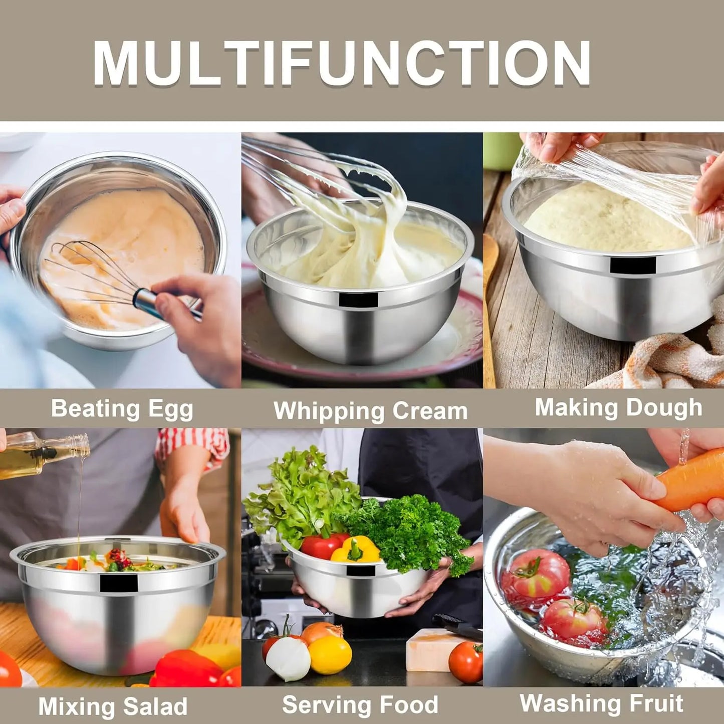 17-Piece Stainless Steel Mixing Bowl Set with Lids, Grater, Measuring Tools, Whisk, Non-Slip & Nestable for Baking, Cooking