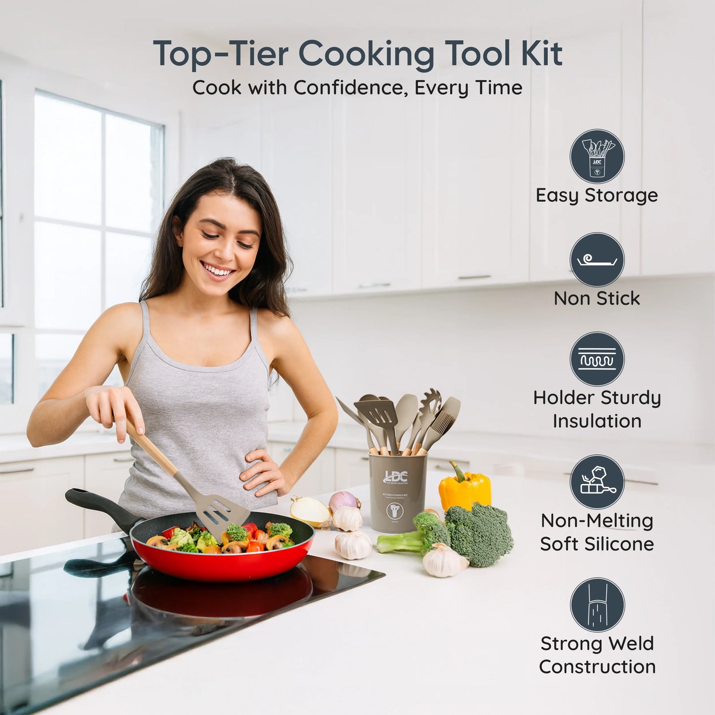 Lux Decor Collection Silicone Cooking Utensils Set 35 Piece with Holder - BPA Free , Heat Resistant Wooden Handles