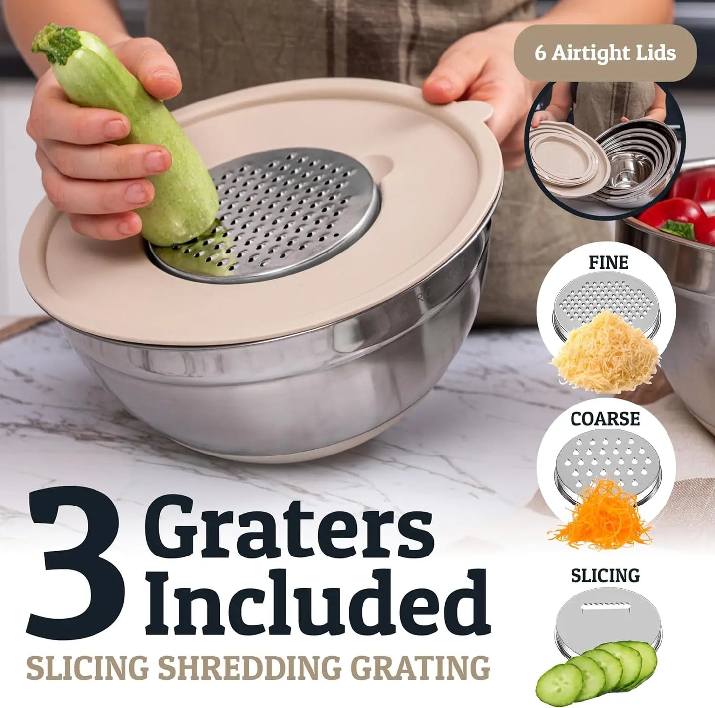 17-Piece Stainless Steel Mixing Bowl Set with Lids, Grater, Measuring Tools, Whisk, Non-Slip & Nestable for Baking, Cooking