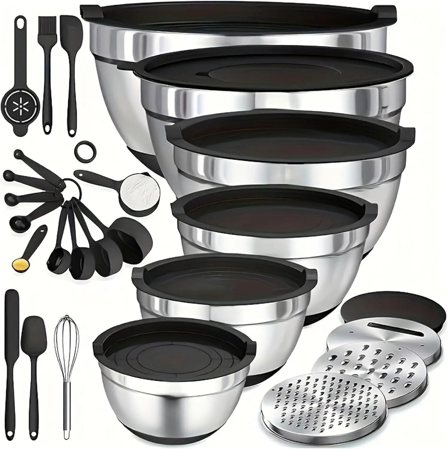 17-Piece Stainless Steel Mixing Bowl Set with Lids, Grater, Measuring Tools, Whisk, Non-Slip & Nestable for Baking, Cooking