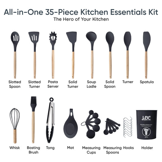 Lux Decor Collection Silicone Cooking Utensils Set 35 Piece with Holder - BPA Free , Heat Resistant Wooden Handles