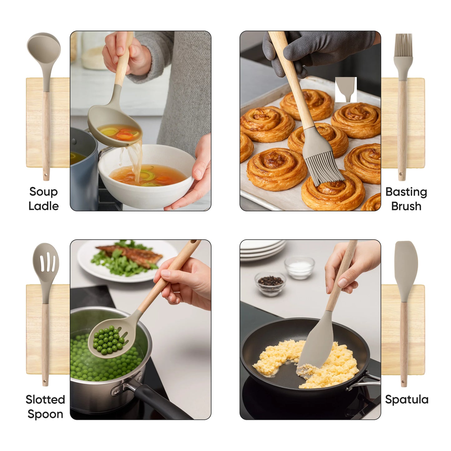 Lux Decor Collection Silicone Cooking Utensils Set 35 Piece with Holder - BPA Free , Heat Resistant Wooden Handles