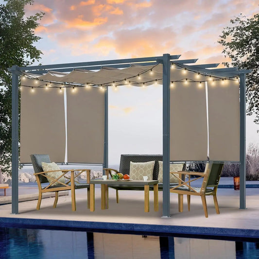 10 x 10 Ft Outdoor Aluminum Pergola, Retractable Canopy & 2 Sides Shades for Patio Backyard Garden Deck, Customized
