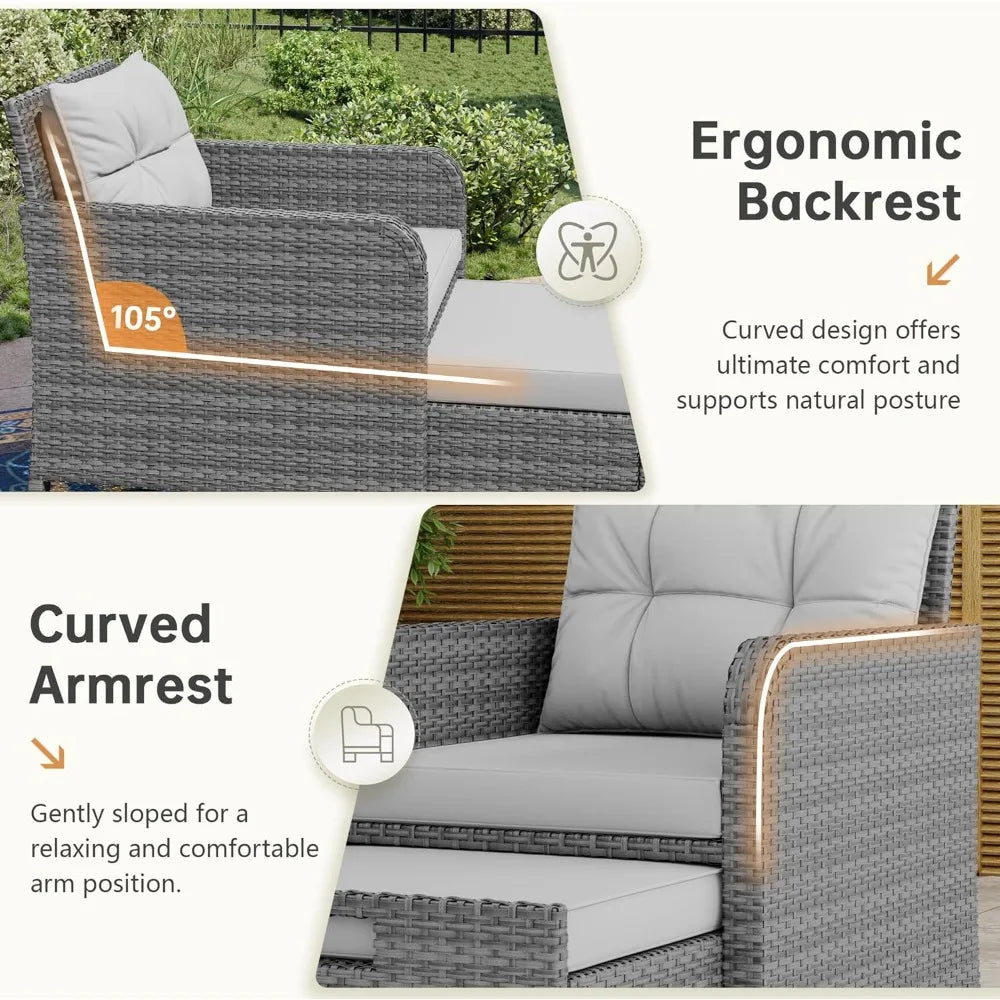 Balcony Furniture 5 Piece Patio Conversation Set, PE Wicker Rattan Outdoor Lounge Chairs with Soft Cushions 2 Ottoman&Glass Tabl