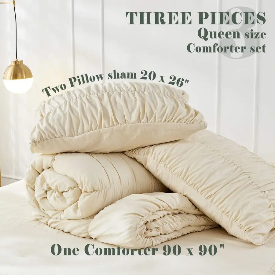 Queen Comforter Set Ruched Comforter Queen Size Bed Set Boho Shabby Chic Bedding for Bedroom Comforter Fluffy 3 Piece Ruffle Com