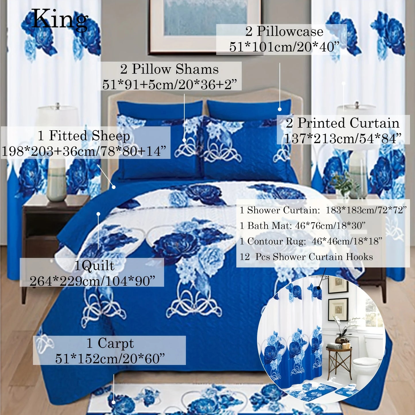 24pcs Bedspread Set 9pcs Quilt Set with 15pcs Shower Curtain Set Exquisite Pattern Modern Style Skin-friendly & Comfortable All