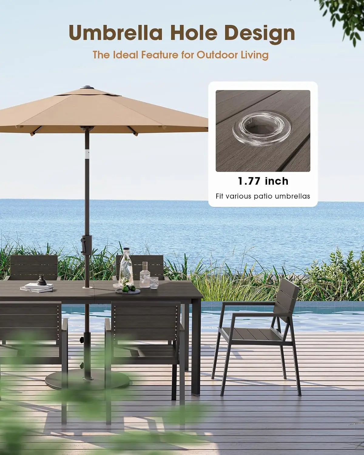 Outdoor Dining Set for 6, Aluminum Patio HDPS Outdooor Table and Chairs Set with Umbrella Hole, All Weather Patio, Custom