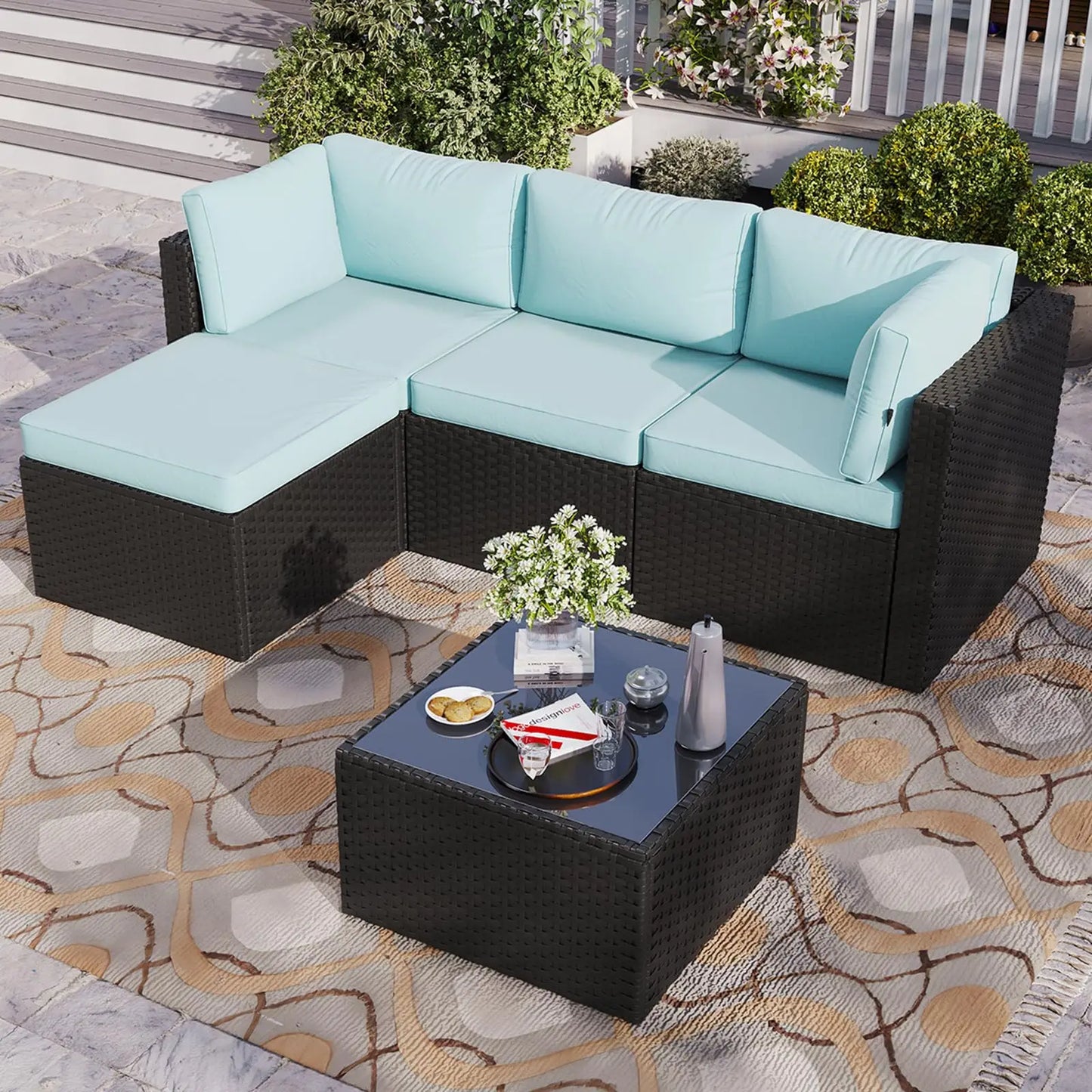 Aoxun Outdoor Patio Furniture Set, 5-Pieces All-Weather Rattan Sectional Sofa Conversation Set with Glass Coffee Table