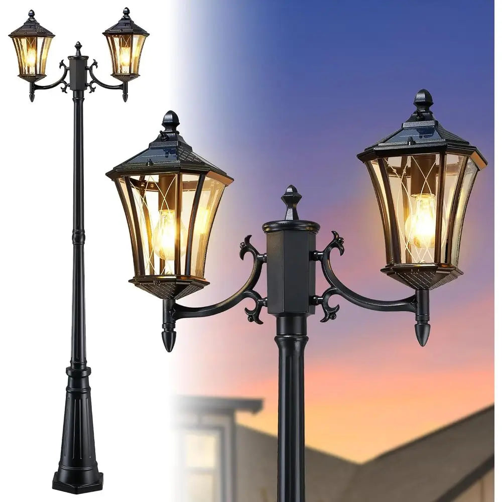 85" Solar Lamp Post Light, Dusk to Dawn Lamp Posts Outdoor Lighting, 2-Head Solar Pole Lights Outdoor Post Lights, Retro Black E