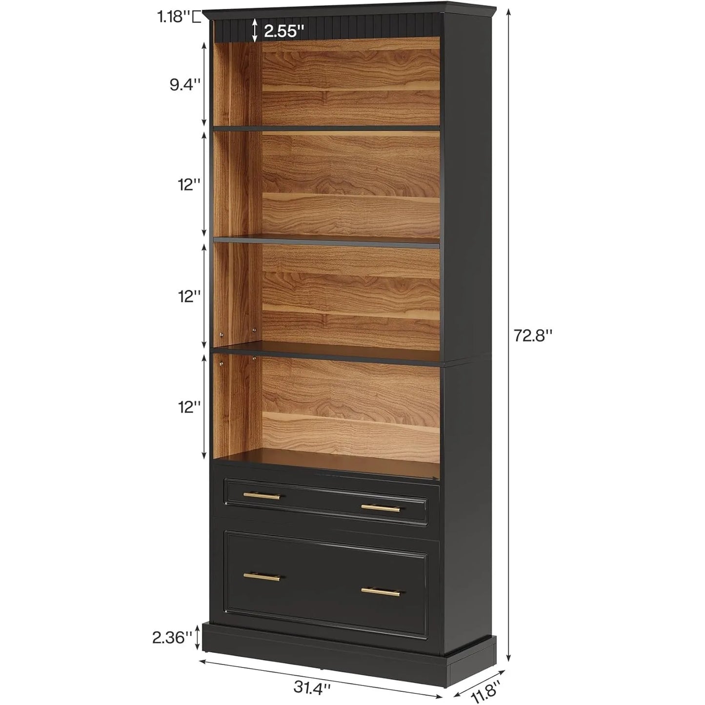 5-Shelf Bookcase with File Cabinet Drawer, 72" Tall Bookshelf, Modern Free-Standing Wood Bookcase, Large Open Display,Customized