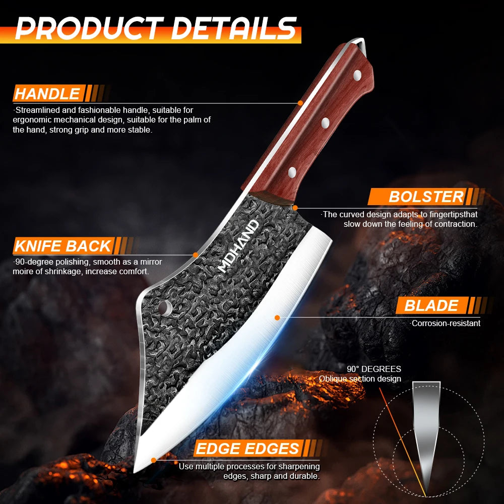 14PCS Hand Forged Butcher Knife Set with Roll Bag Serbian Chef Knives Bone Chopper Knives for Men Home Kitchen Cooking Tool