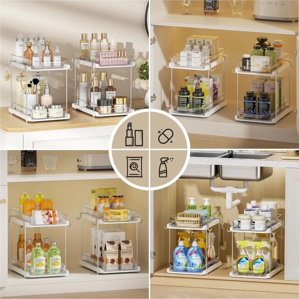 2 Tier Bathroom Under Sink Organizers and Storage with Hook, Multi-Purpose Cabinet Drawers with Movable Dividers, Pull Out Organ