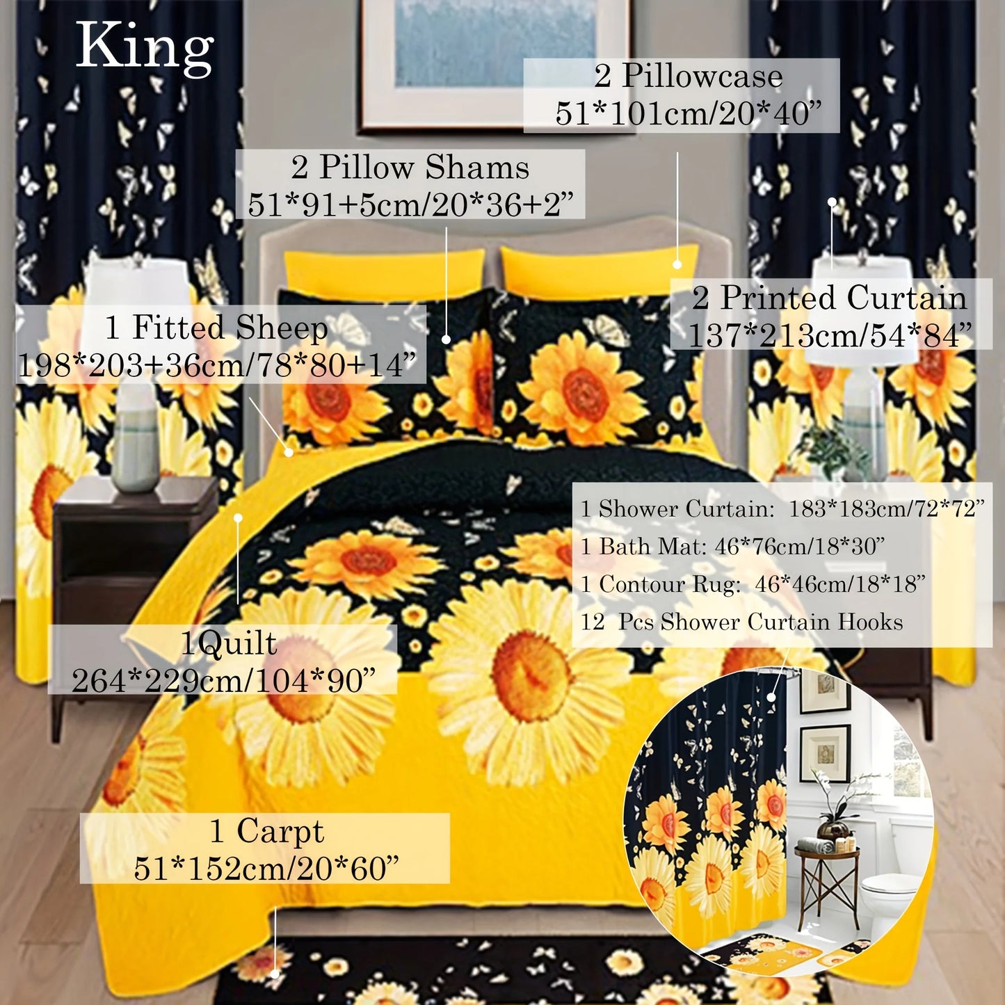24pcs Bedspread Set 9pcs Quilt Set with 15pcs Shower Curtain Set Exquisite Pattern Modern Style Skin-friendly & Comfortable All