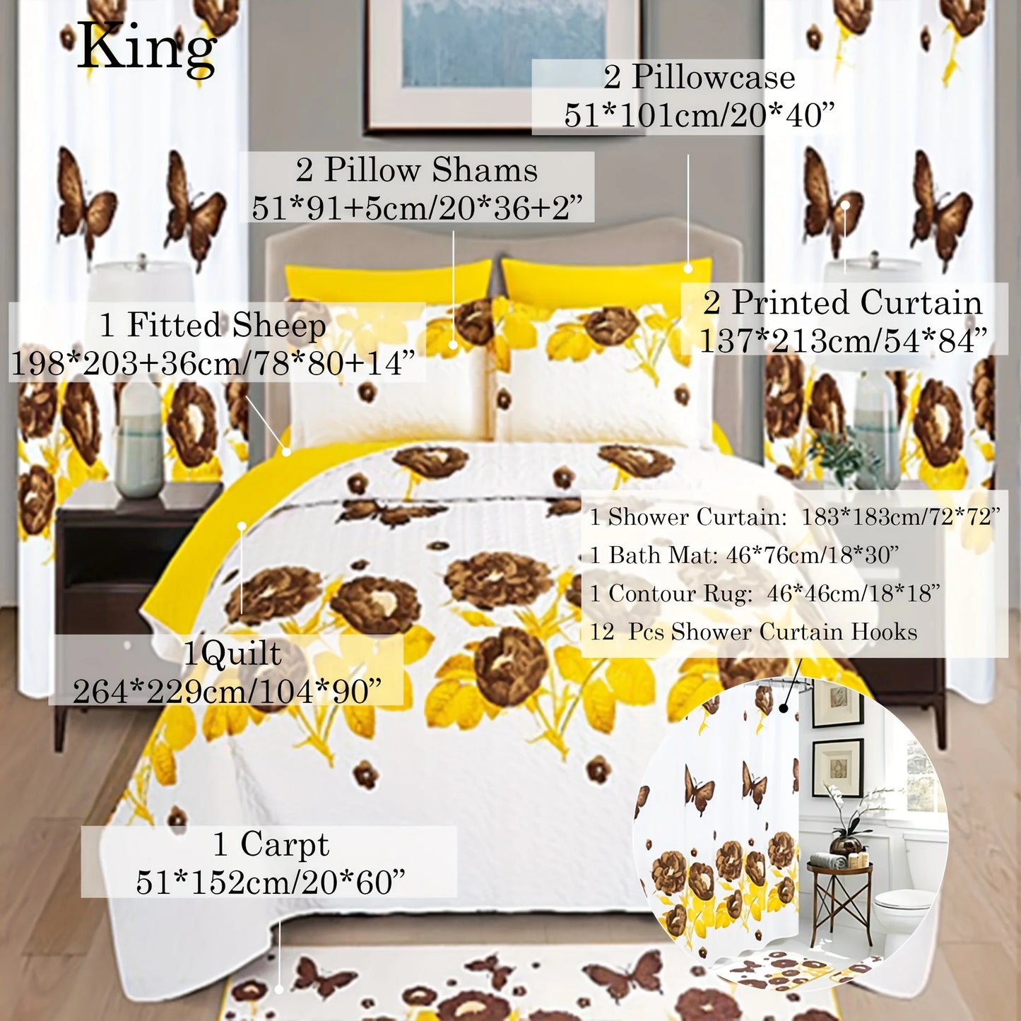24pcs Bedspread Set 9pcs Quilt Set with 15pcs Shower Curtain Set Exquisite Pattern Modern Style Skin-friendly & Comfortable All