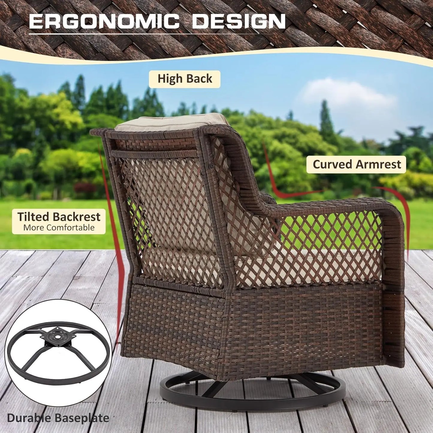 6 Pieces Wicker Patio Furniture Set Conversations Sets, 2 Outdoor 360° Swivel Chairs, Patio Swivel Chair with Table, Customized