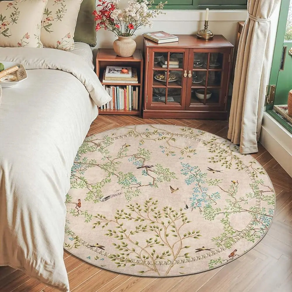 Round Rugs 6Ft Beige Botanical Birds Print,Machine Washable 6' Circle Nature Plants Modern Soft Non-Slip Kids Throw Area