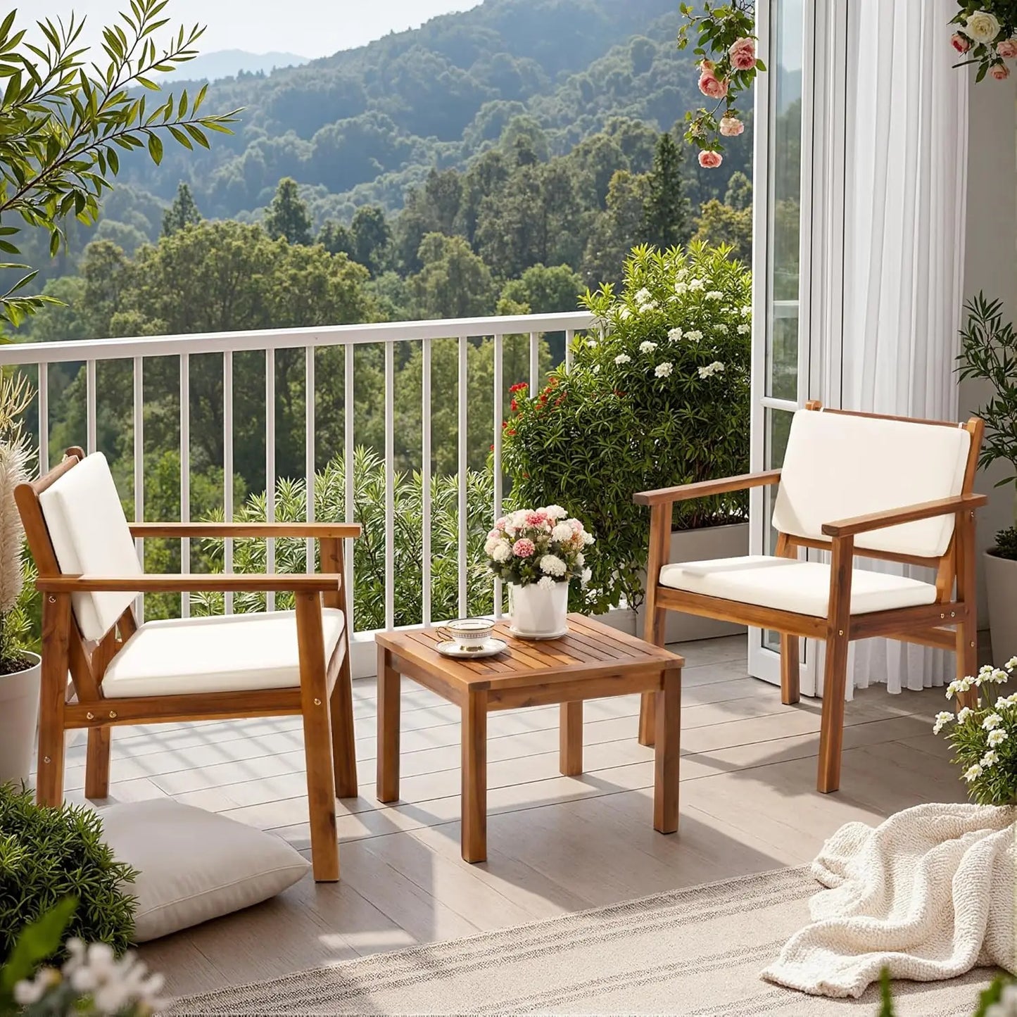 Flamaker Patio Chairs 3 Piece Acacia Wood Patio Furniture with Coffee Table & Cushions Outdoor Conversation Set Balcony Chairs