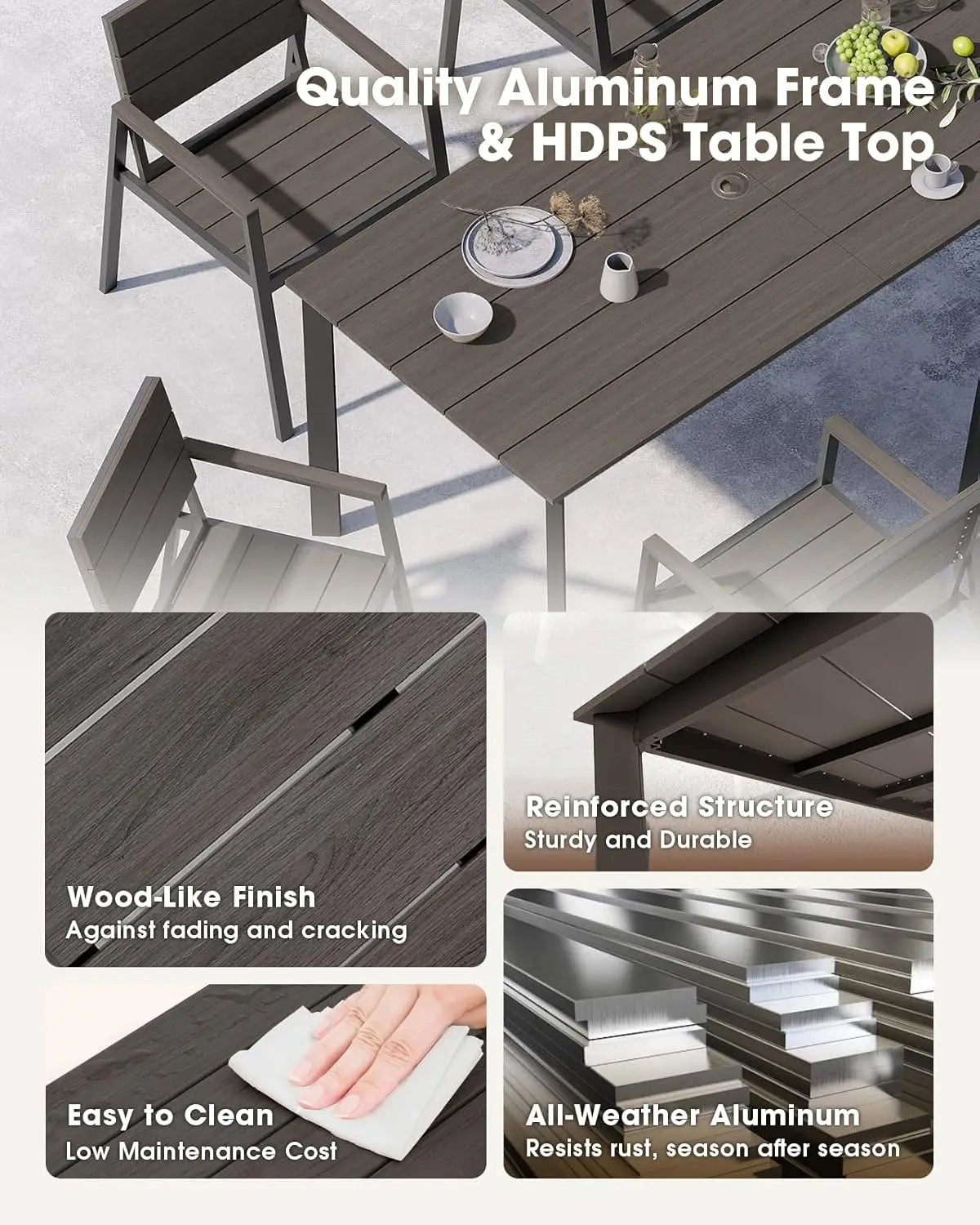 Outdoor Dining Set for 6, Aluminum Patio HDPS Outdooor Table and Chairs Set with Umbrella Hole, All Weather Patio, Custom