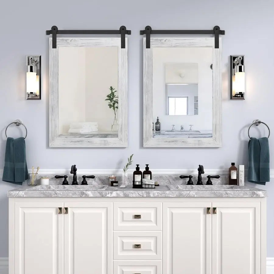 Farmhouse Bathroom Mirror 30 x 21 Rustic Wood Framed Wall Barn Door Mirror for Entryway, Living Room, Vanity Wall Decor White