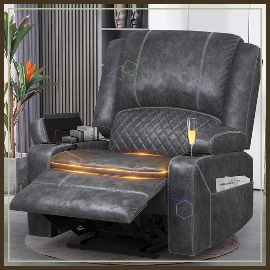 Oversize Manual Recliner Chair with 2-Tier Cushions, Hidden Storage & Cup Holders - Grey Velvet Living Room Furniture