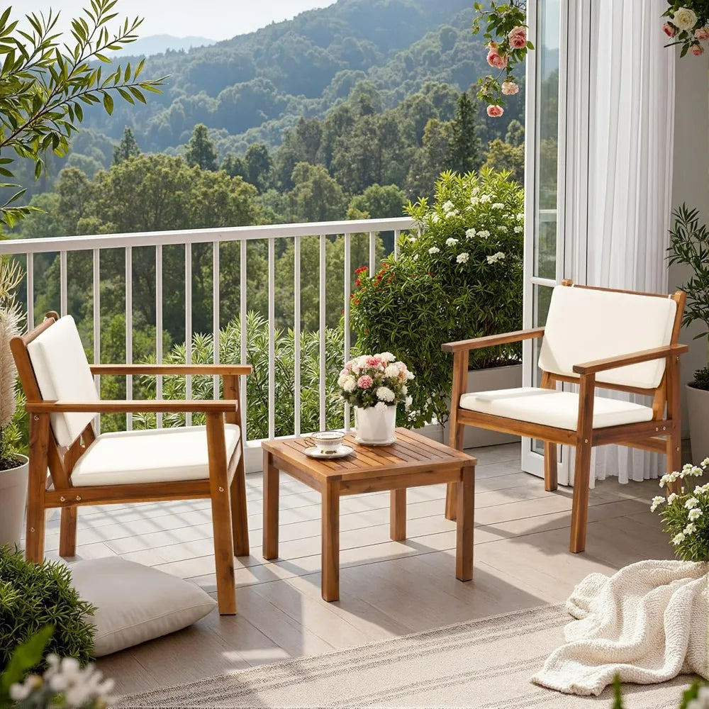 Flamaker Patio Chairs 3 Piece Acacia Wood Patio Furniture with Coffee Table & Cushions Outdoor Conversation Set Balcony Chairs