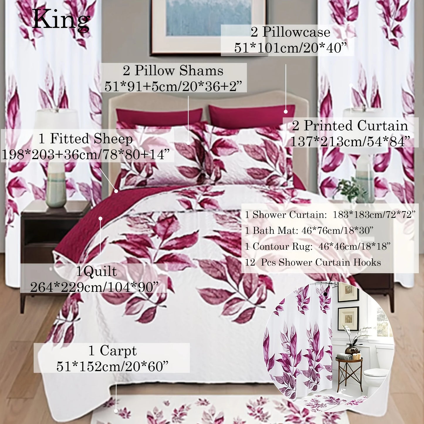 24pcs Bedspread Set 9pcs Quilt Set with 15pcs Shower Curtain Set Exquisite Pattern Modern Style Skin-friendly & Comfortable All