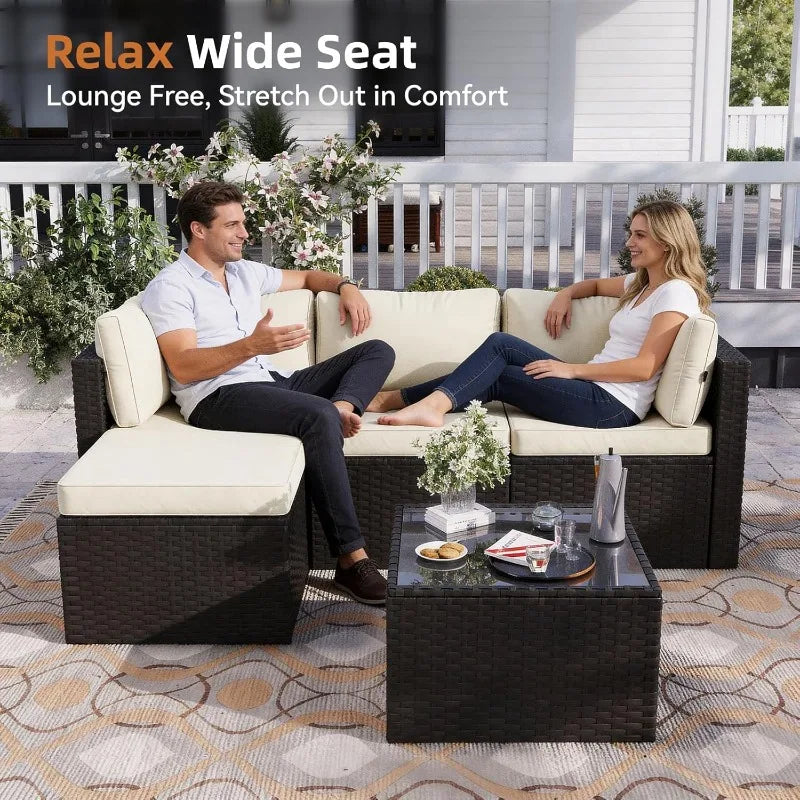 Aoxun Outdoor Patio Furniture Set, 5-Pieces All-Weather Rattan Sectional Sofa Conversation Set with Glass Coffee Table