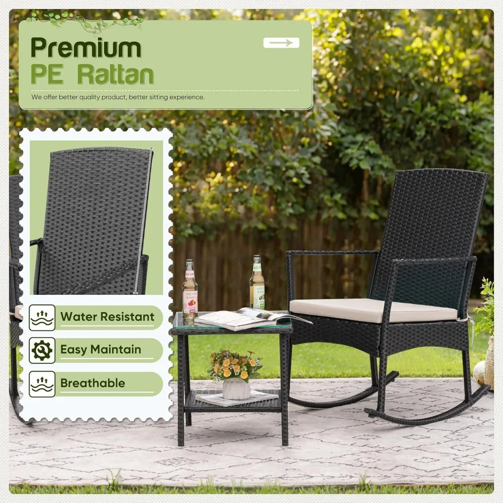 Flamaker Rocking Chair Outdoor PE Rattan Patio Chairs Glass Table High Back Porch Rocker for Balcony Garden Backyard (Beige)