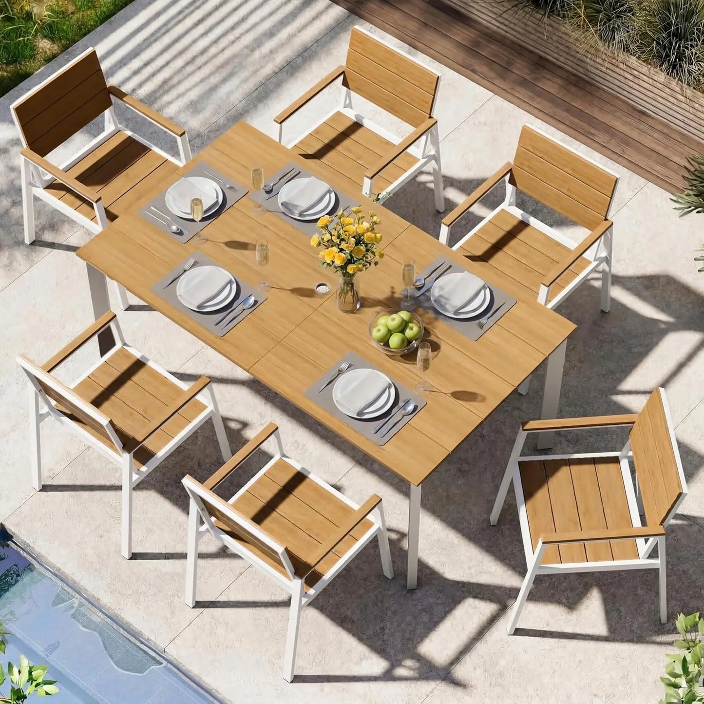 Outdoor Dining Set for 6, Aluminum Patio HDPS Outdooor Table and Chairs Set with Umbrella Hole, All Weather Patio, Custom