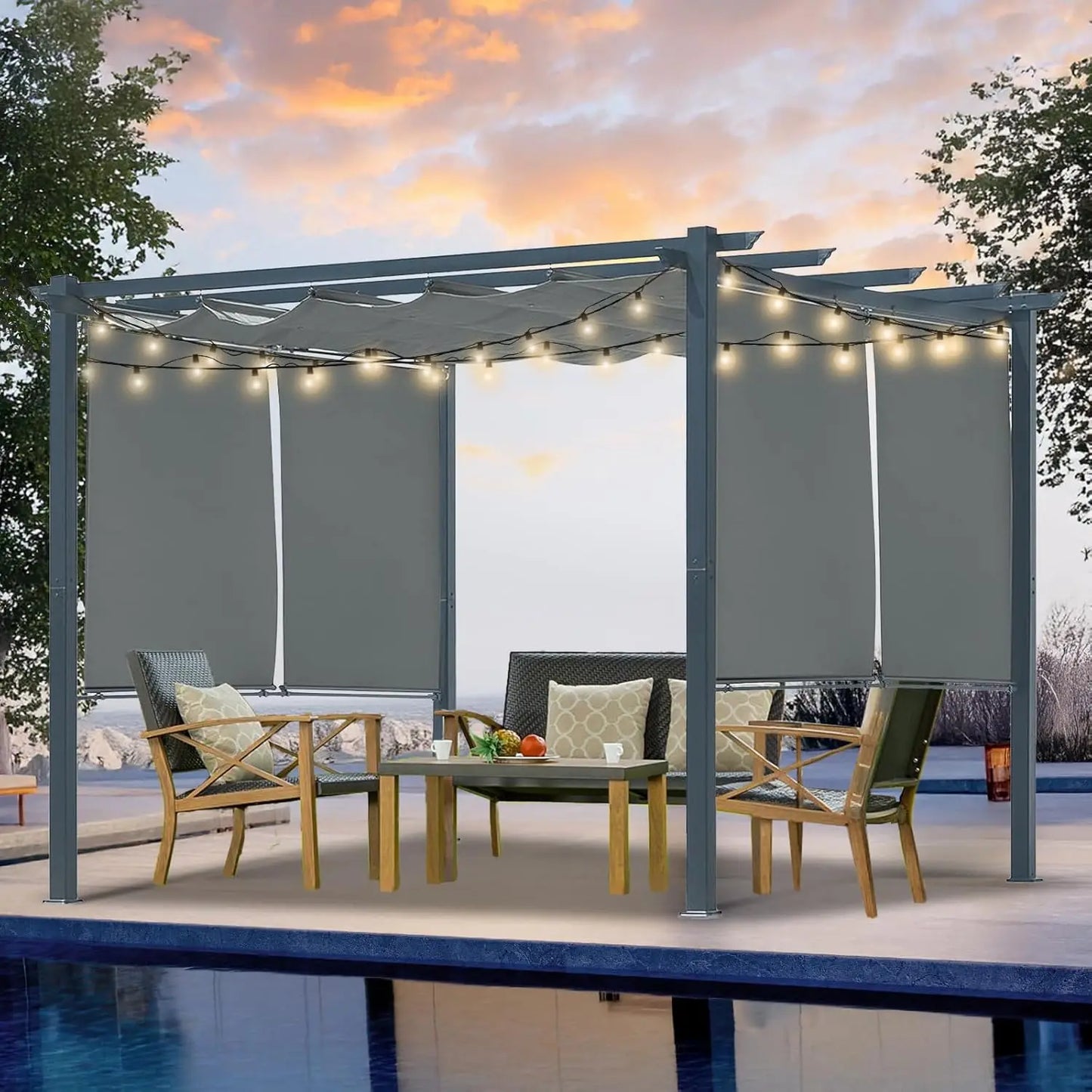 10 x 10 Ft Outdoor Aluminum Pergola, Retractable Canopy & 2 Sides Shades for Patio Backyard Garden Deck, Customized
