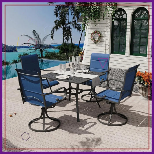5-Piece Outdoor Dining Set with 4 Swivel Rocker Chairs & Square Table, Patio Furniture for Garden, Backyard, Deck - Blue