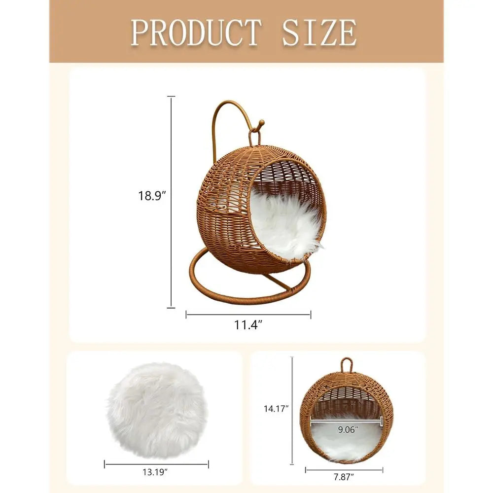 Wicker Cat Bed Indoor & Outdoor, Handwoven PP Rattan Cat Swing Bed with Removable Washable Cushion, Breathable Waterproo Cat Hou