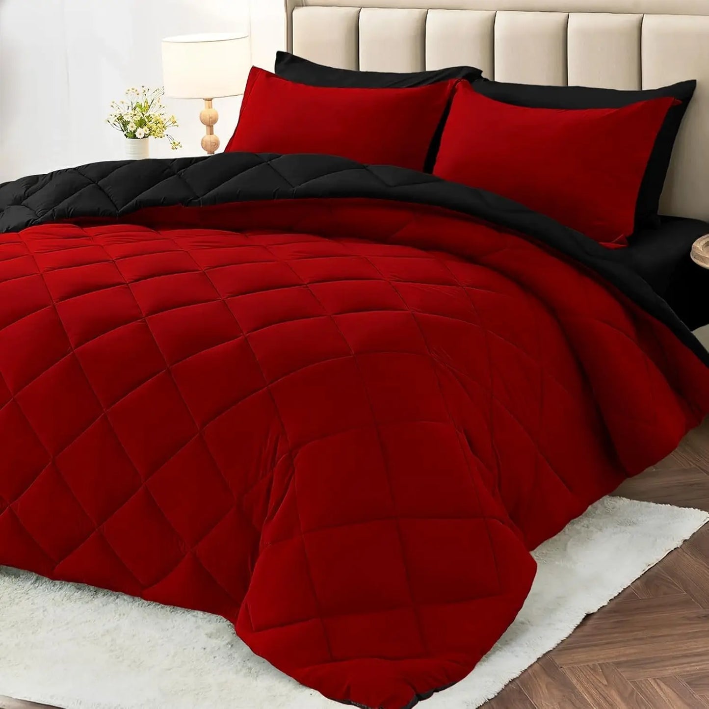 7 Pieces California King Comforter Set Reversible Bed in a Bag All Season Bedding with Sheets Pillowcases & Shams Red Black