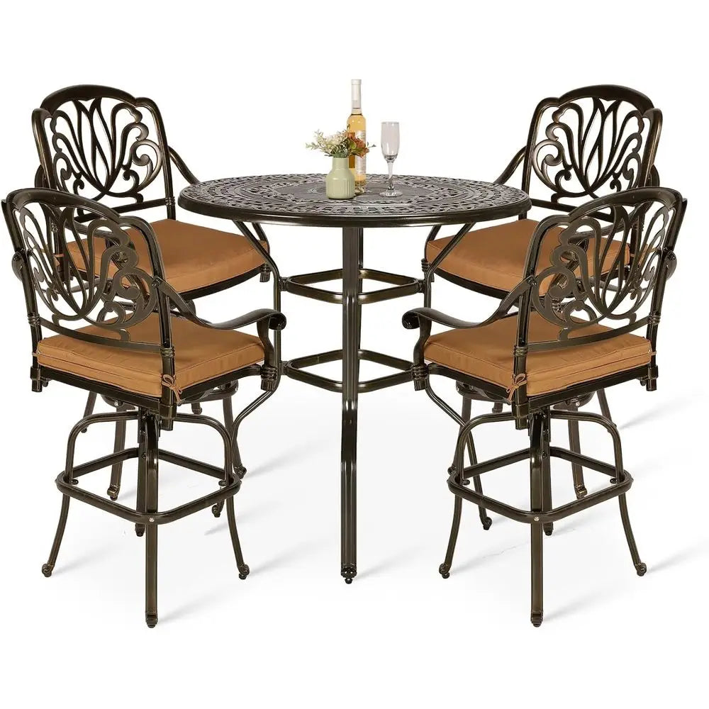 5-Piece Patio Swivel Bar Stools Set, All Weather Cast Aluminum Outdoor Bar Height Bistro Set with 4 Cushioned Bar Chairs & 38.5"