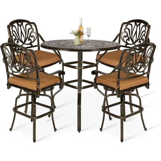 5-Piece Patio Swivel Bar Stools Set, All Weather Cast Aluminum Outdoor Bar Height Bistro Set with 4 Cushioned Bar Chairs & 38.5"