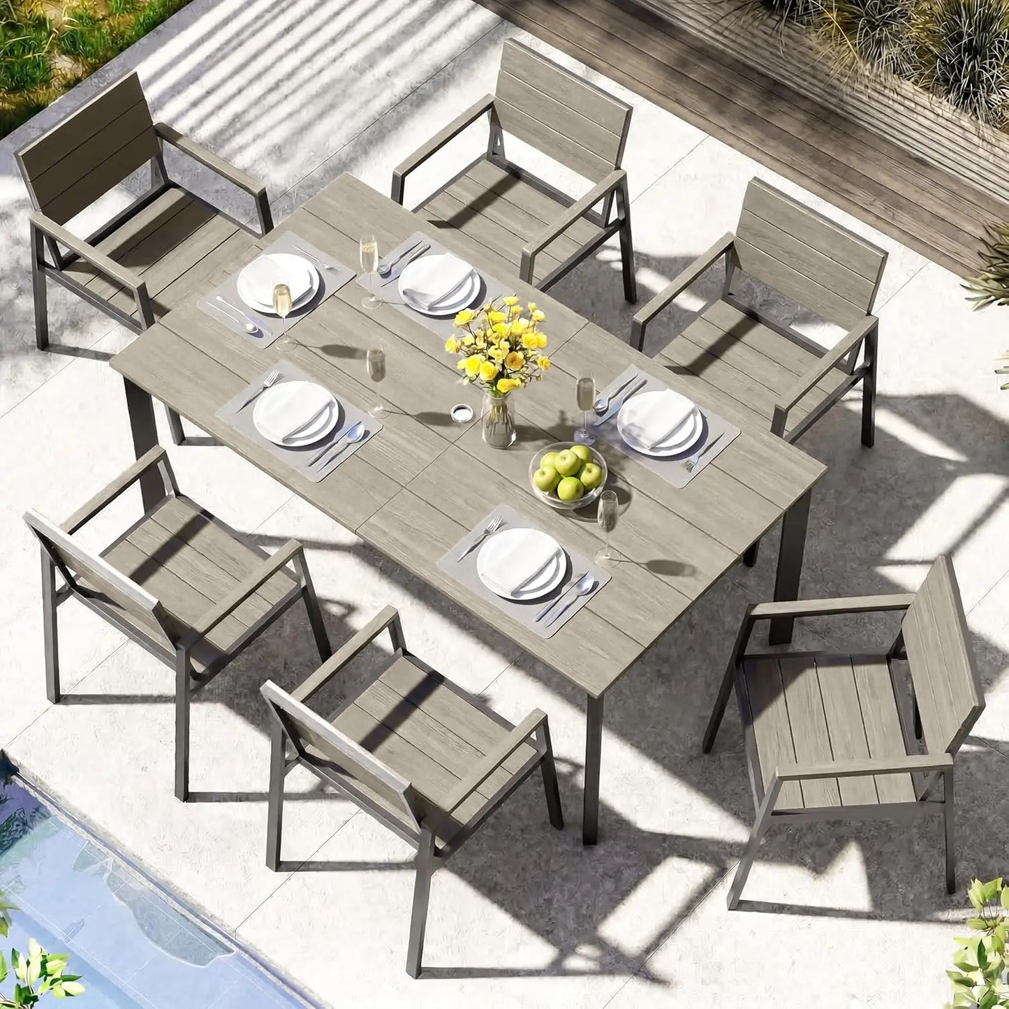 Outdoor Dining Set for 6, Aluminum Patio HDPS Outdooor Table and Chairs Set with Umbrella Hole, All Weather Patio, Custom